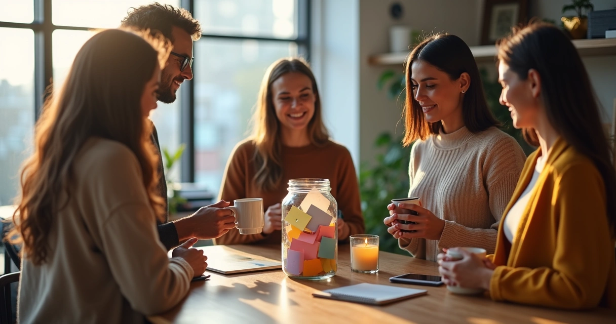Equipe diversa fazendo pequeno ritual matinal em escritório aconchegante 