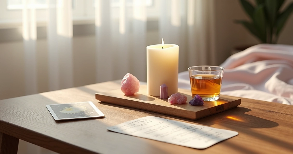 Mesa com objetos esotéricos para ritual matinal, incluindo vela, cristais e tarô