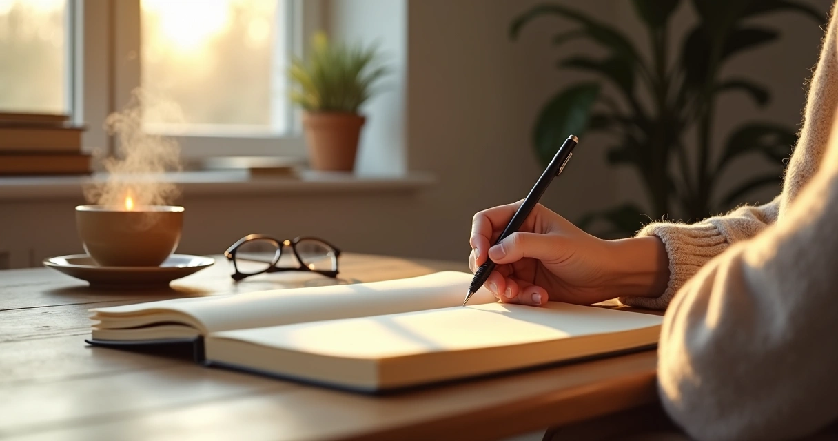Pessoa escrevendo em diário ao lado de vela e chá em ritual matinal 