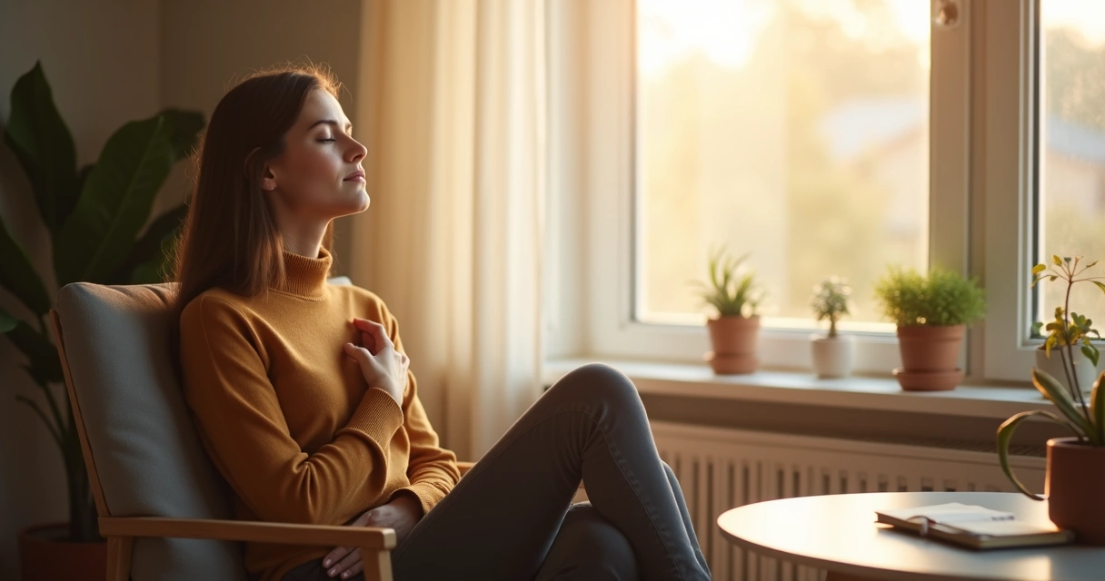 Pessoa sentada calmamente em uma cadeira durante a manhã, em casa, olhos fechados, com um caderno aberto ao lado 