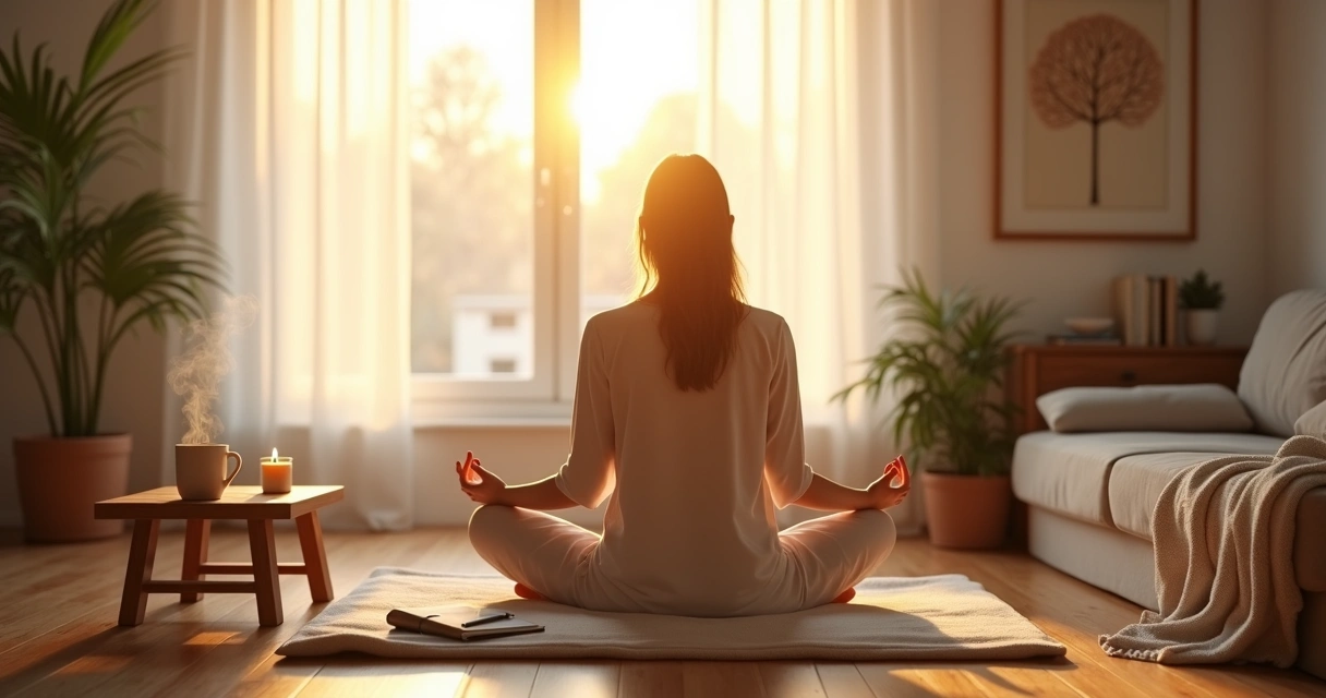 Pessoa meditando ao amanhecer em ambiente acolhedor com luz suave pela janela 