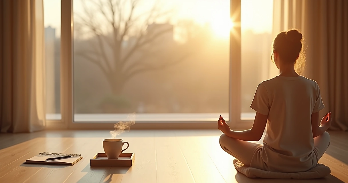 Pessoa meditando perto da janela ao nascer do sol com caderno e xícara de chá ao lado 