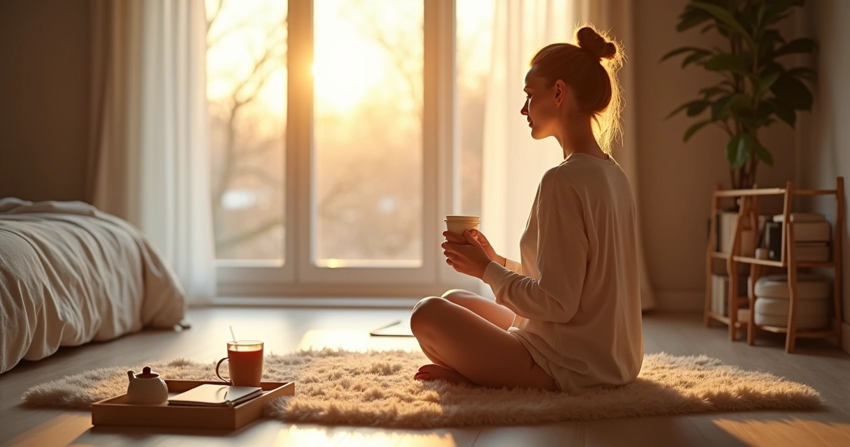 Pessoa sentada perto da janela praticando ritual matinal com chá e caderno 