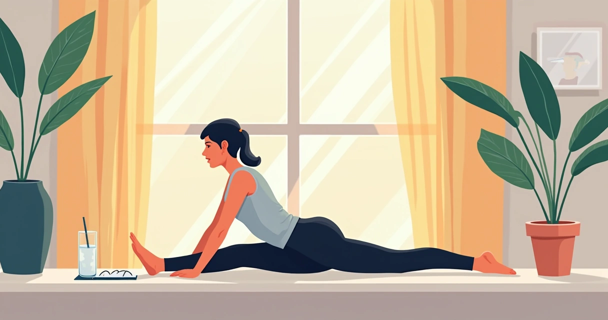 Pessoa fazendo alongamento matinal perto de uma janela, com luz suave, ao lado de um copo de água e um bloco de anotações.