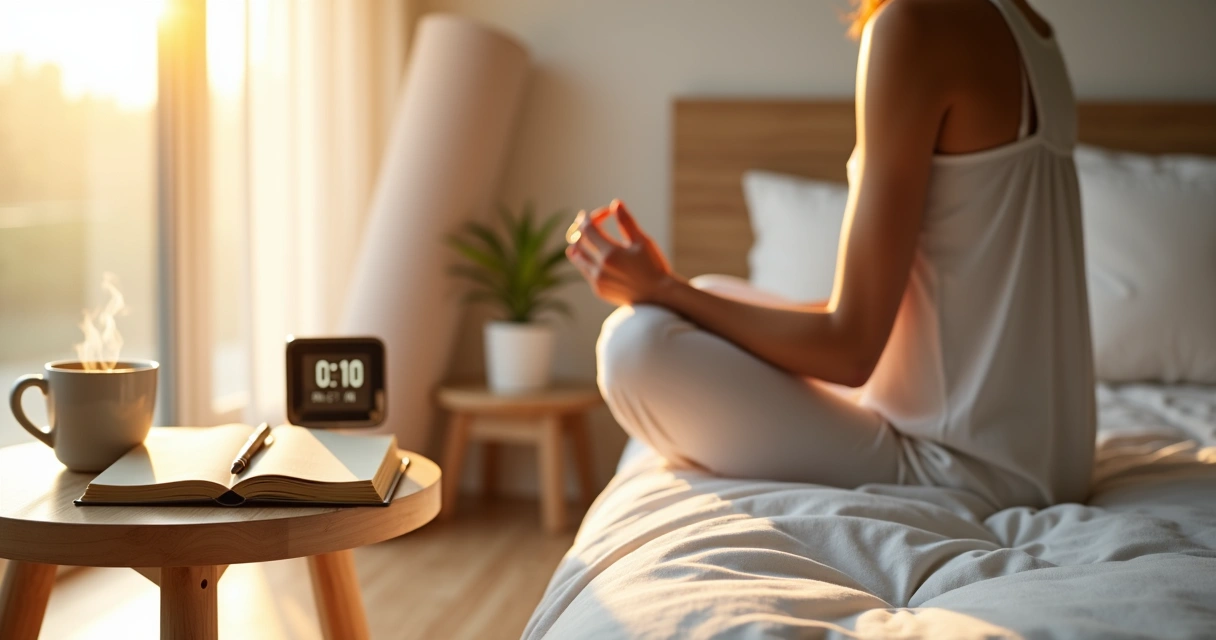 Pessoa sentada na cama ao amanhecer criando um ritual matinal consciente 