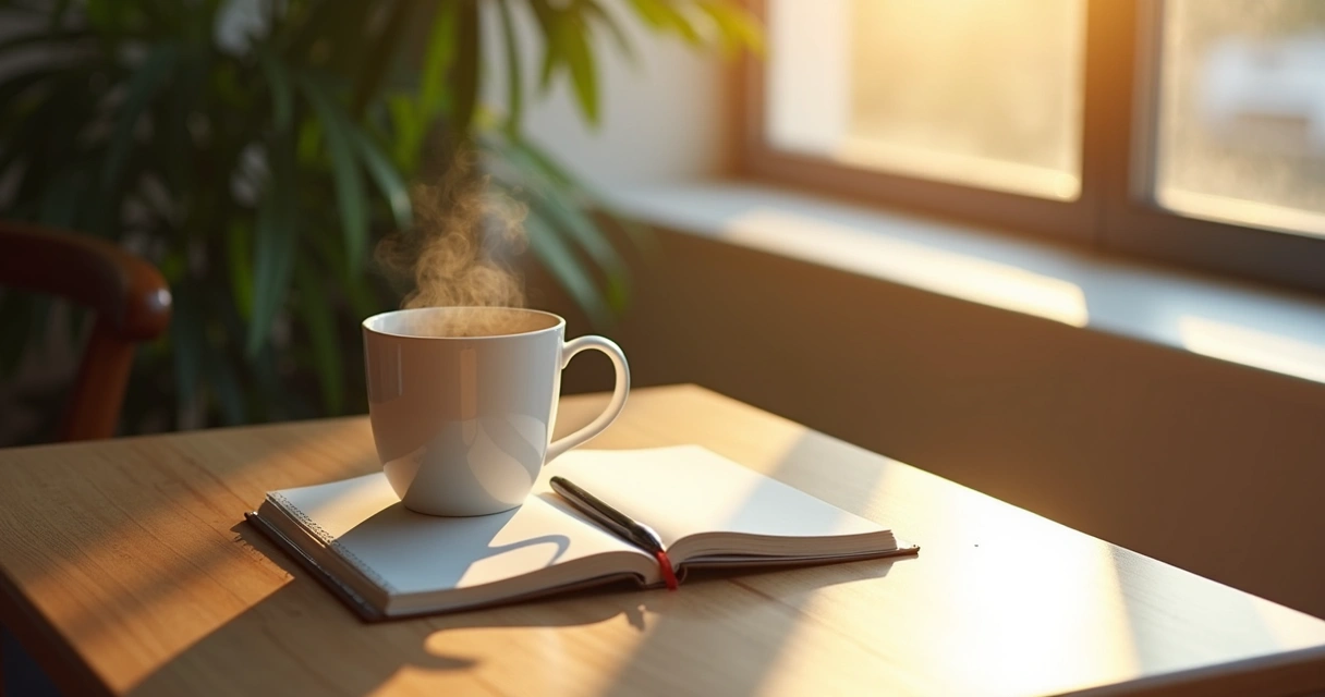 Pessoa logo pela manhã, preparando ambiente para autocoaching, com café e caderno na mesa 
