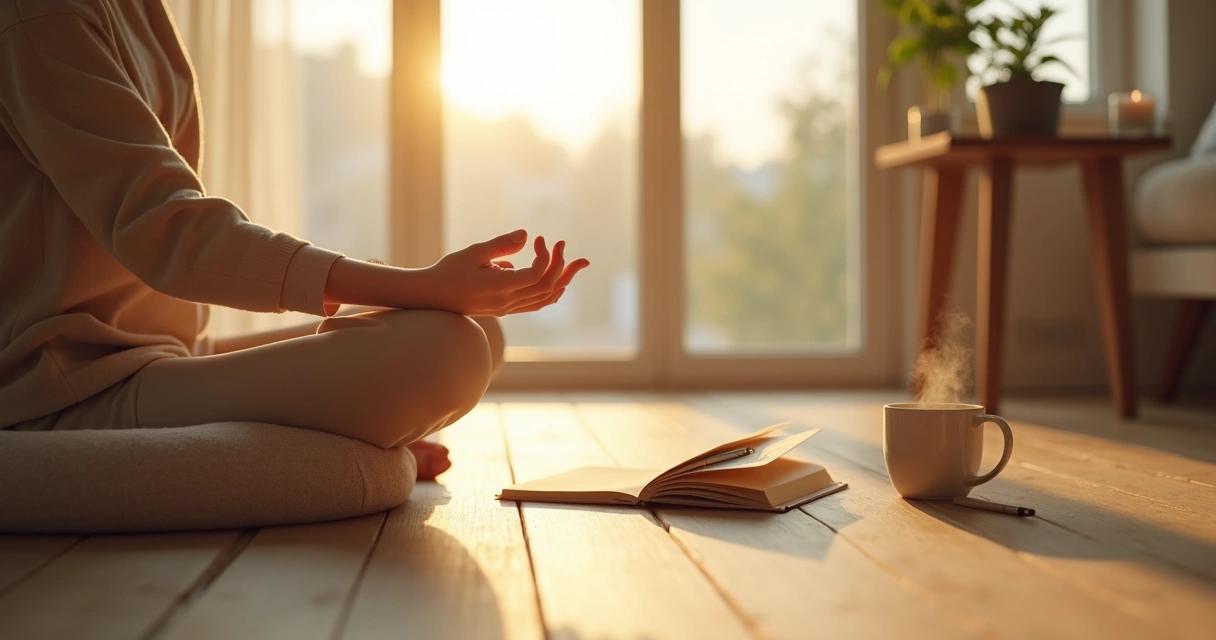 Pessoa sentada em meditação perto da janela com caderno de anotações ao lado 