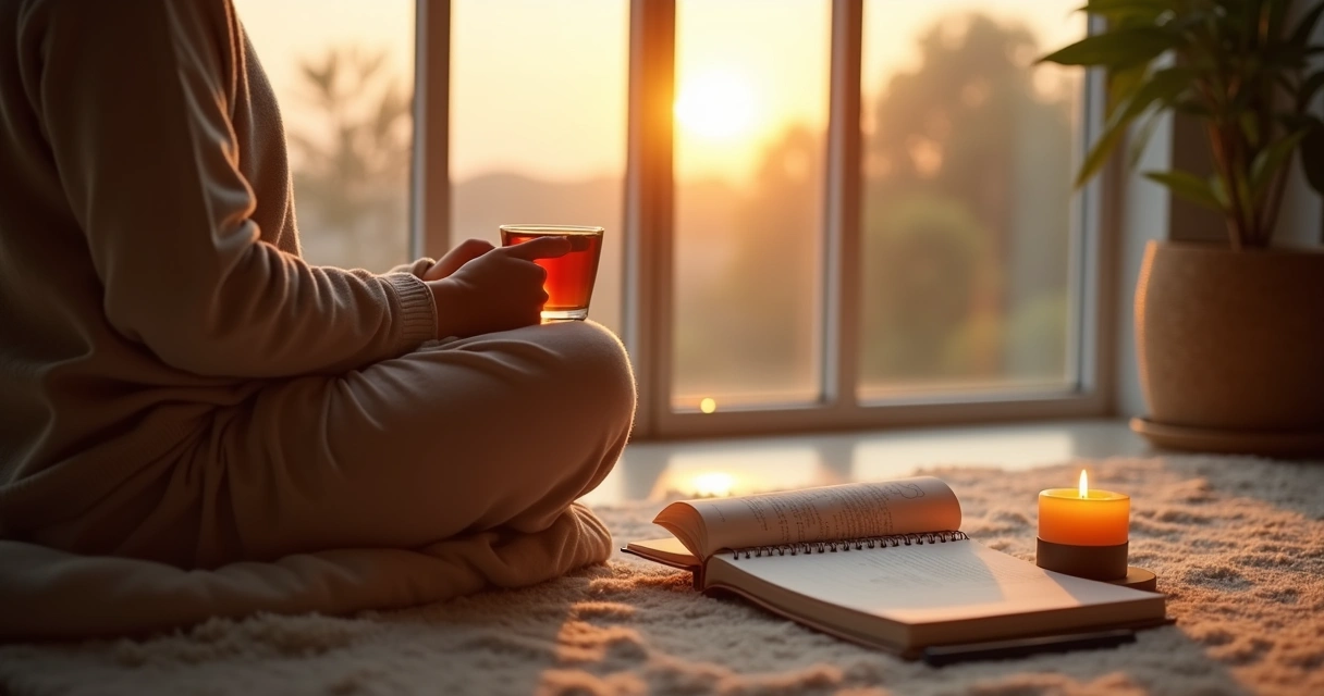 Pessoa sentada em meditação ao amanhecer com caderno de reflexões ao lado 