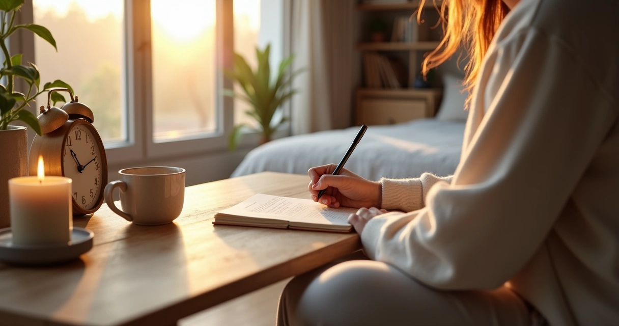 Pessoa escrevendo em um caderno durante ritual matutino de autoconhecimento 