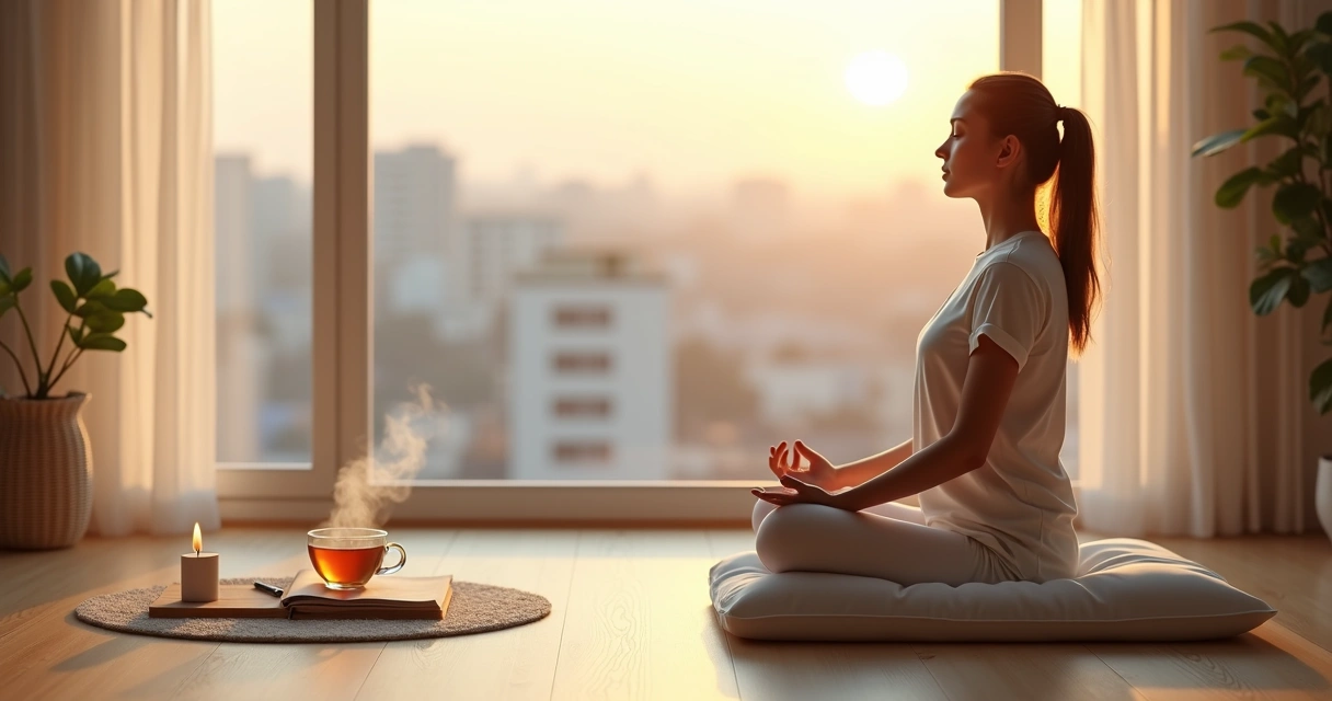 Pessoa sentada em frente à janela praticando ritual matutino de autoconsciência com caderno e chá 