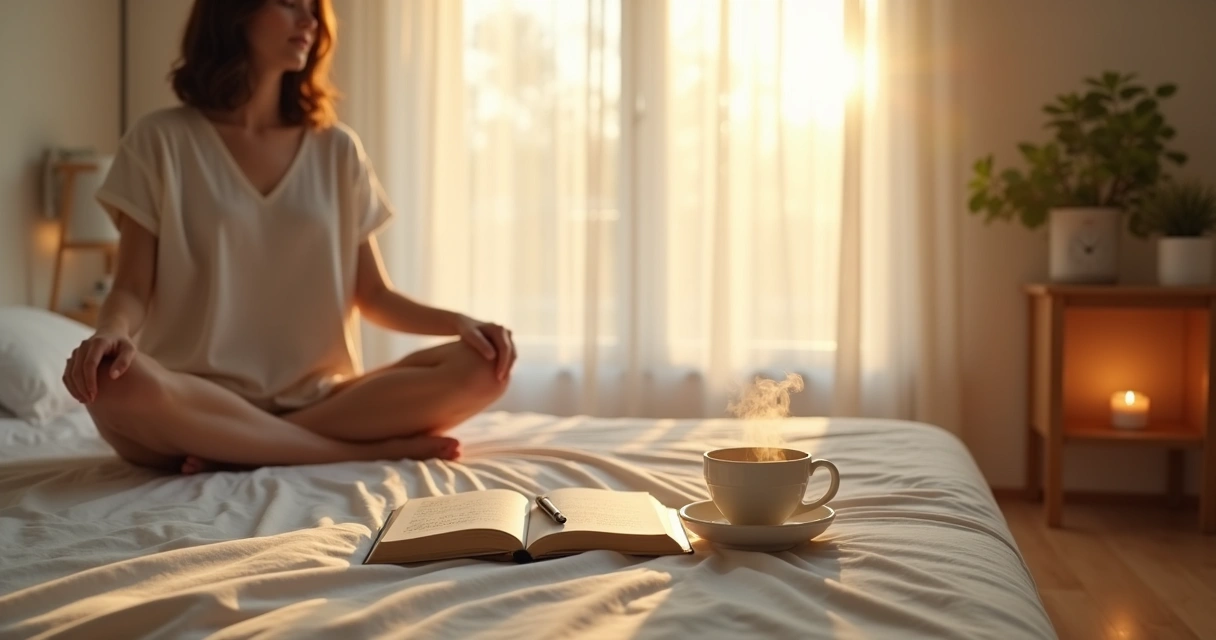 Pessoa sentada na cama ao amanhecer com caderno de reflexão e xícara de chá ao lado 