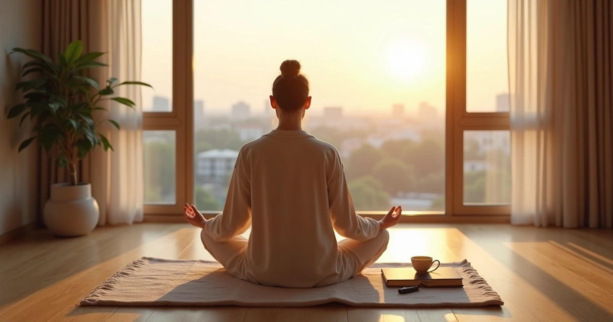Pessoa sentada em meditação perto da janela ao amanhecer com caderno e xícara de chá ao lado 