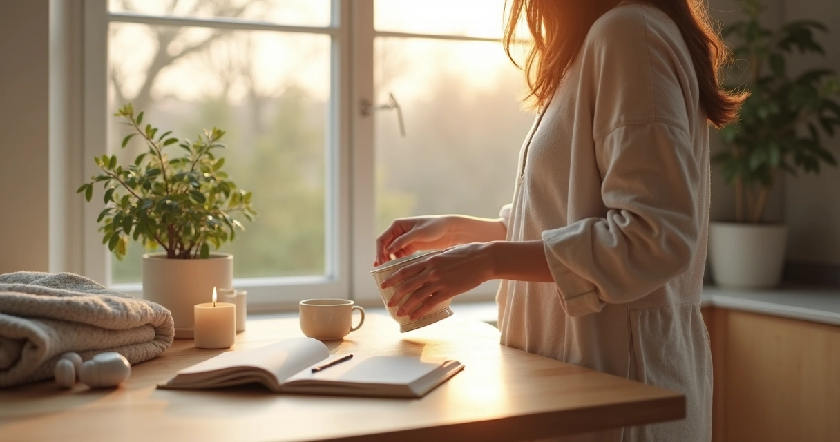 Persona preparando un ritual matutino de autocuidado en una mesa ordenada 