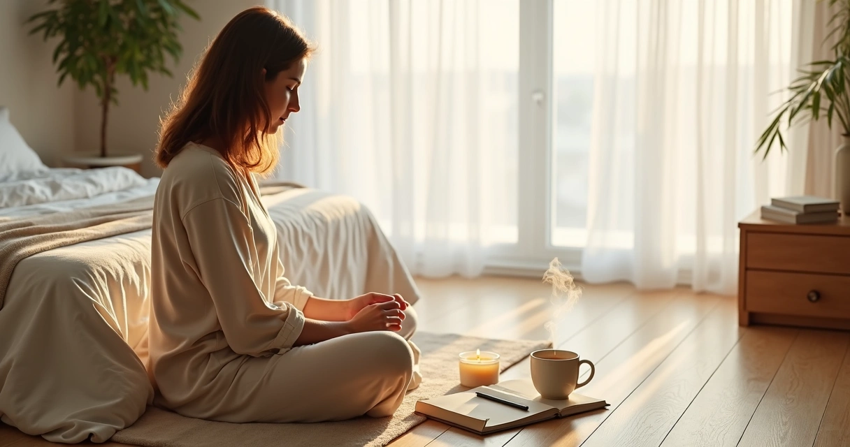 Pessoa sentada no chão ao lado da cama preparando um ritual matutino de autocuidado 
