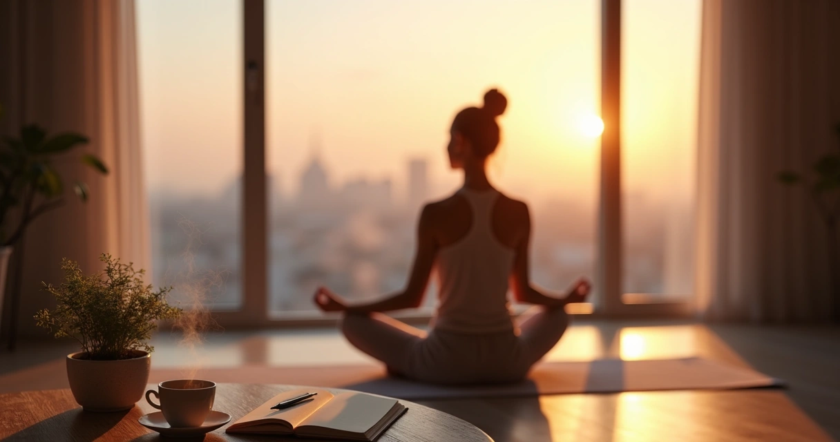 Persona meditando al amanecer junto a una taza de té y un cuaderno sobre una mesa 