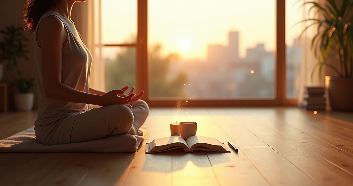 Pessoa em meditação matinal em frente à janela com caderno e vela acesa 