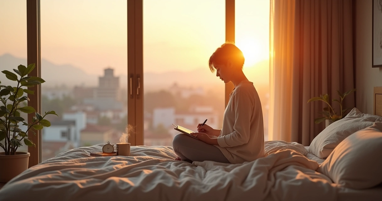 Persona escribiendo un diario de gratitud junto a una ventana al amanecer 
