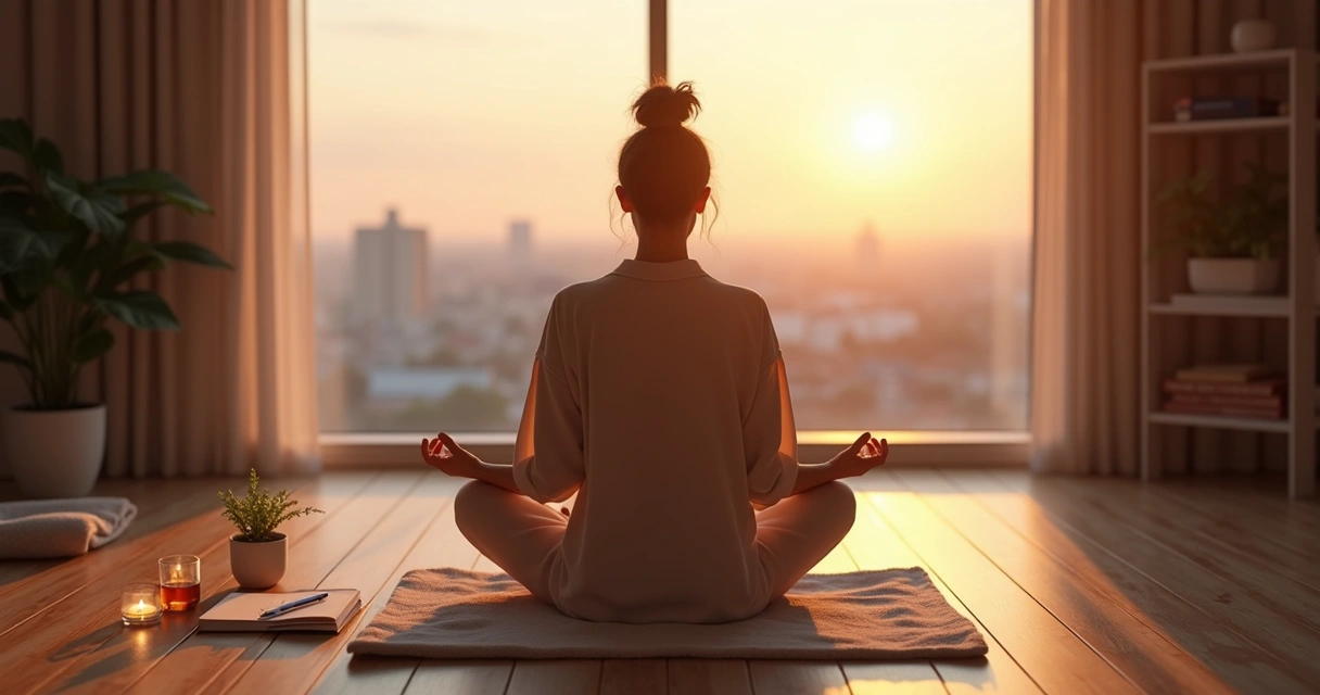 Pessoa meditando ao amanhecer com caderno de reflexões ao lado 