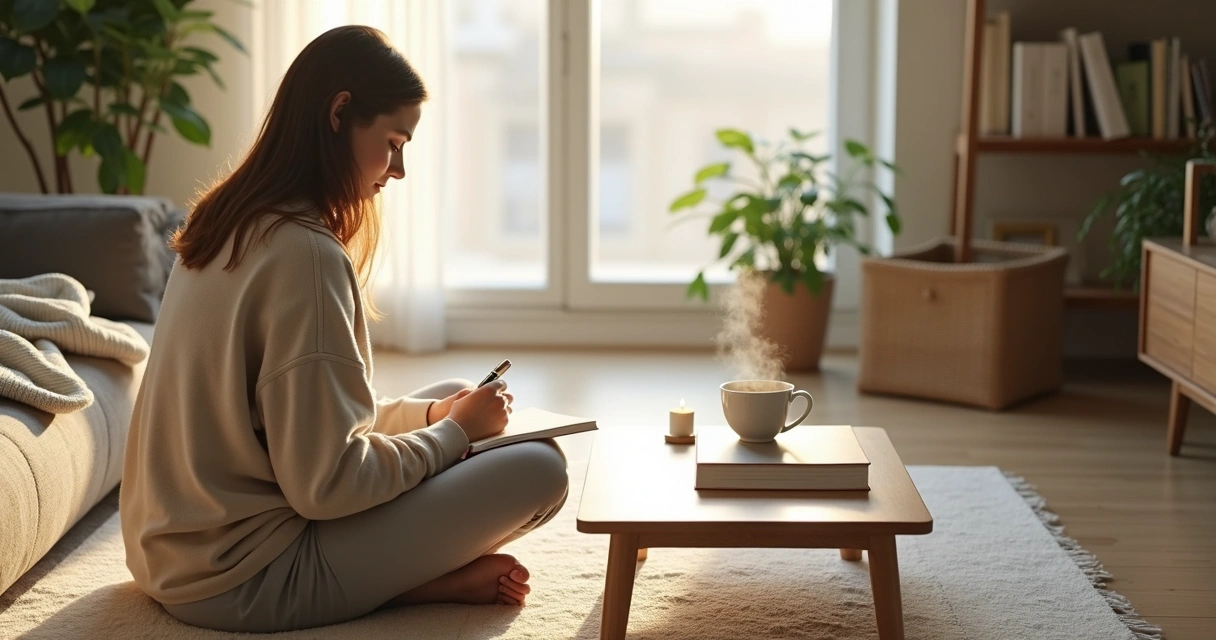 Pessoa em ritual matinal tranquilo com caderno e xícara de chá perto da janela 