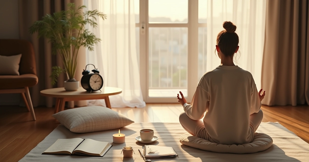 Pessoa em ritual matutino meditativa com caderno de anotações ao lado 