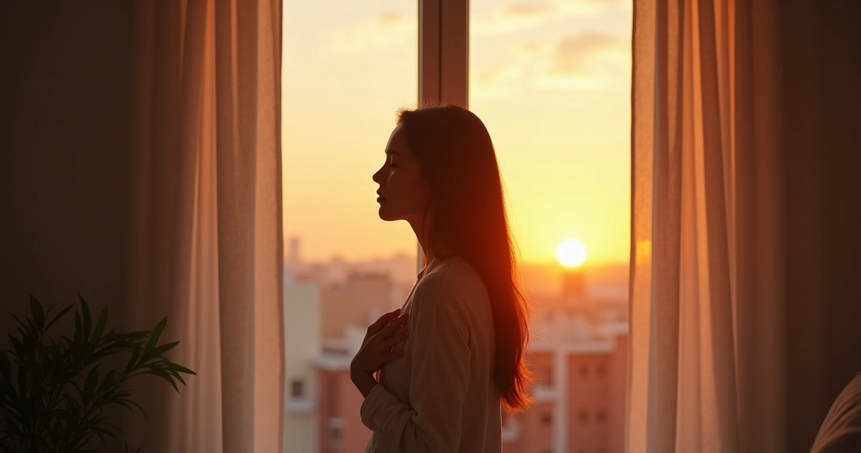 Persona tomando un respiro junto a la ventana al iniciar el día 