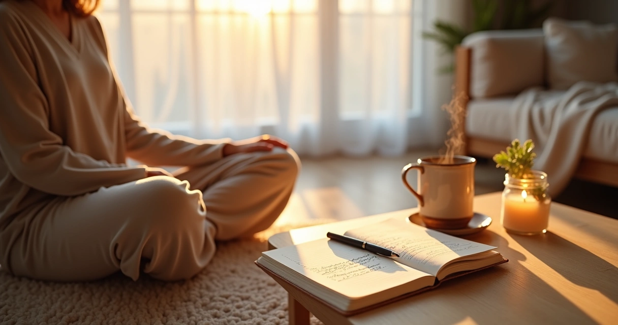 Pessoa sentada em silêncio com café e caderno ao lado de uma janela iluminada pela manhã 