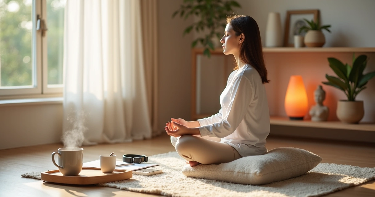 Pessoa sentada meditando ao lado de uma xícara de chá em um ritual matutino de autocuidado 