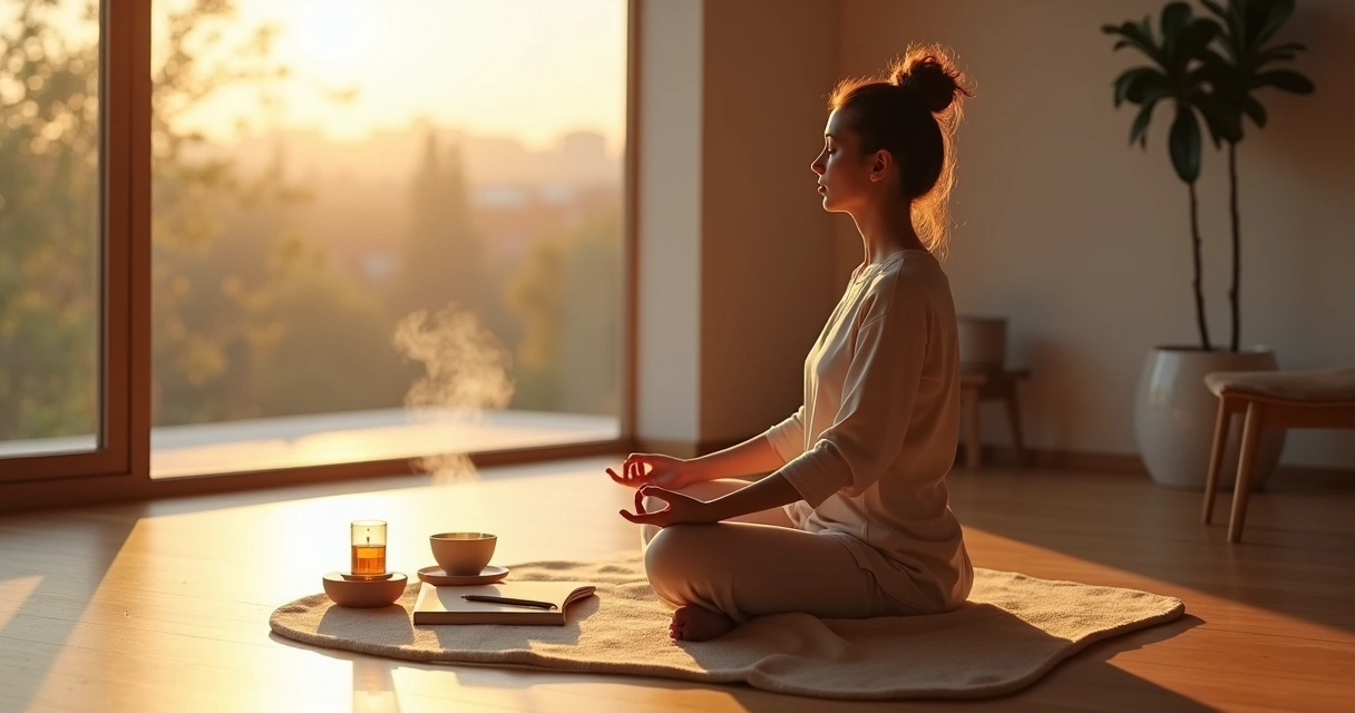 Pessoa em meditação ao amanhecer em sala minimalista com luz suave 