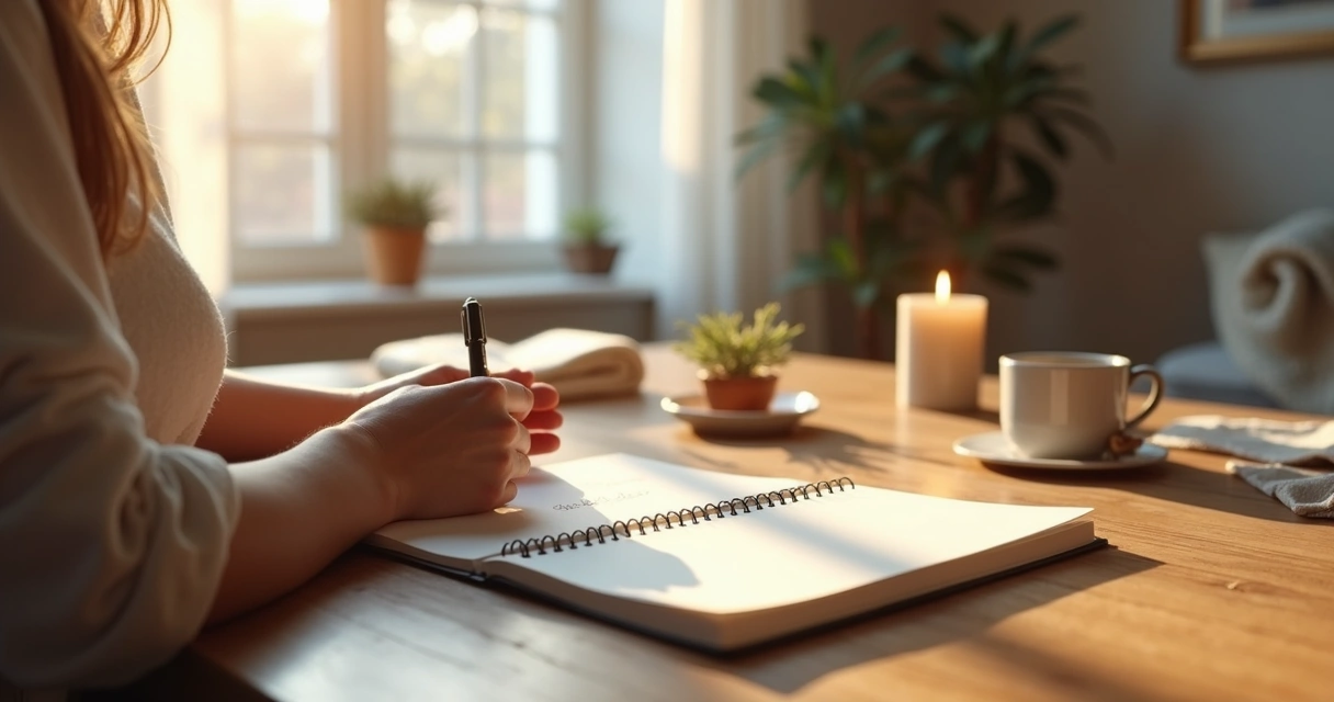 Persona creando un ritual matutino con velas y cuaderno sobre una mesa ordenada 