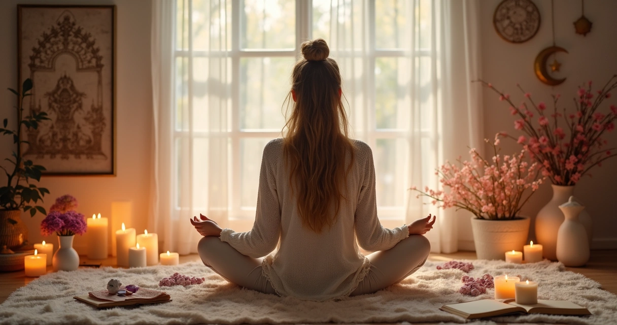 Mulher faz ritual de meditação no altar feminino 