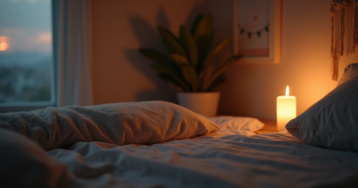 Almofada no chão, luz suave à noite e vela acesa próxima a uma cama 