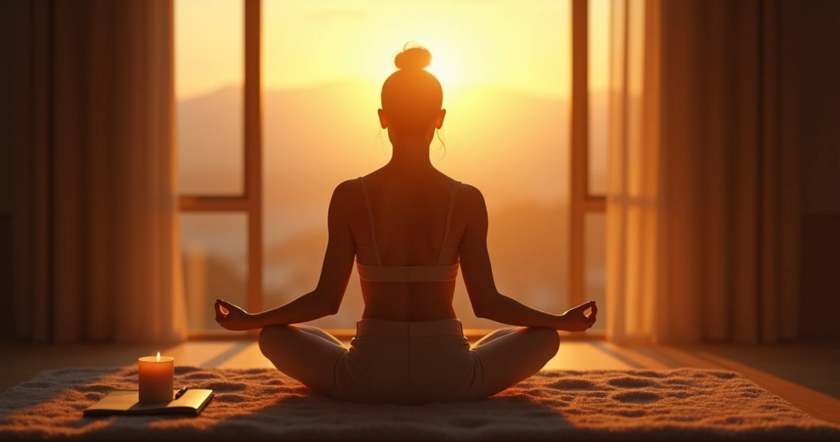 Pessoa meditando sentada com luz suave ao fundo, em ambiente aconchegante