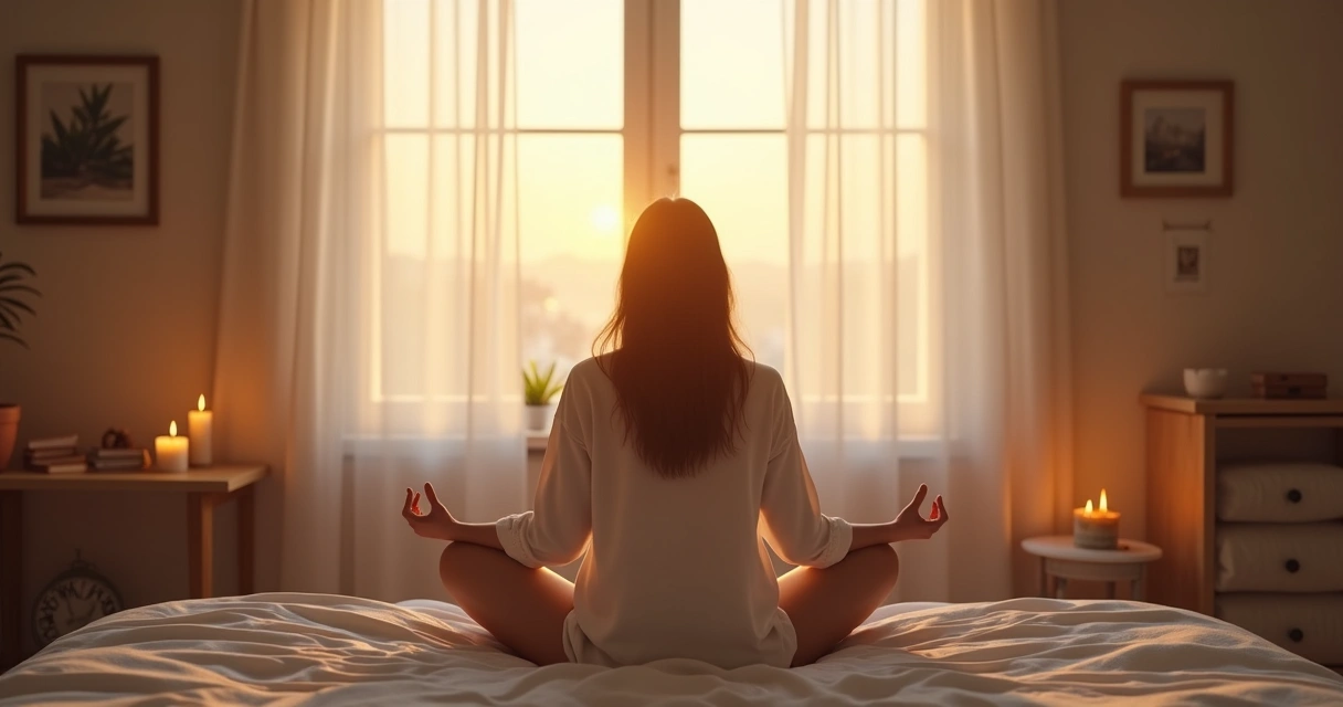 Pessoa sentada na cama em posição de meditação ao amanhecer 