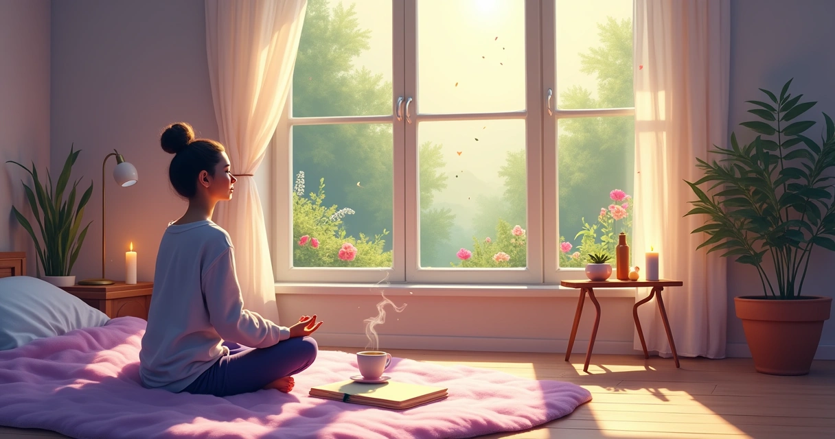 Cena serena de uma pessoa praticando meditação em um quarto ensolarado com uma xícara de chá.