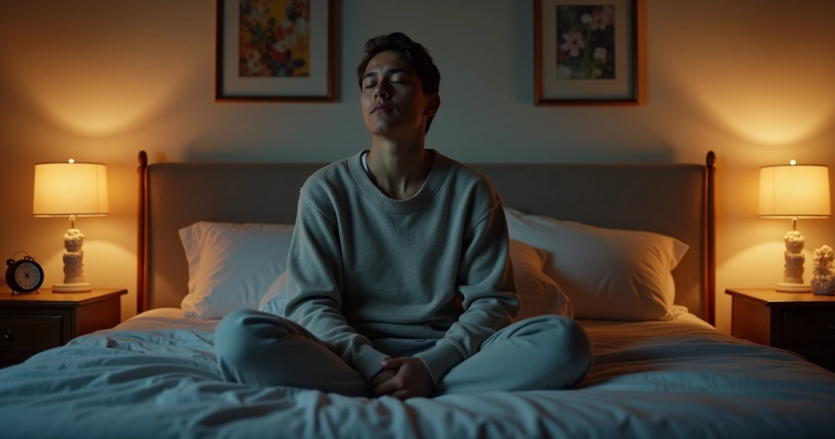 Pessoa sentada de olhos fechados em quarto, com luz suave, preparando-se para meditar antes de dormir