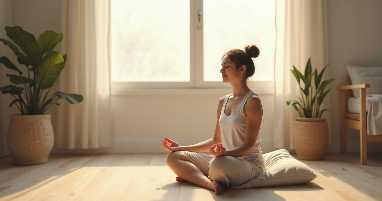 Persona sentada en postura de meditación en un espacio ordenado y tranquilo 