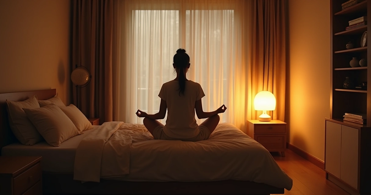 Ritual de meditación nocturna en dormitorio con luz tenue