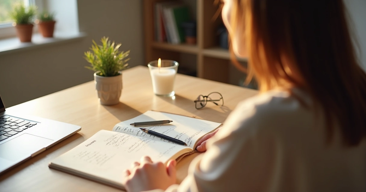 Persona sentada frente a escritorio preparando un ritual de inicio de proyecto con vela cuaderno y planta 