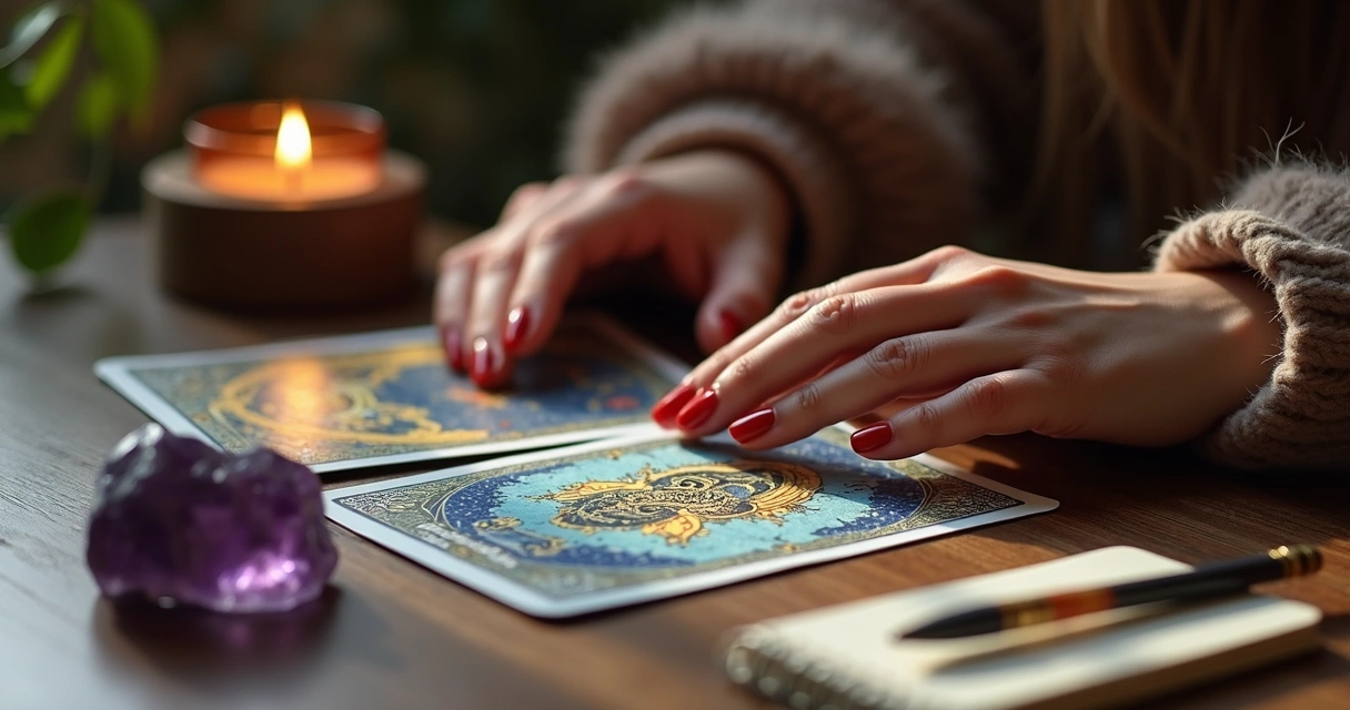 Pessoa com as mãos sobre cartas do baralho cigano em mesa com vela 