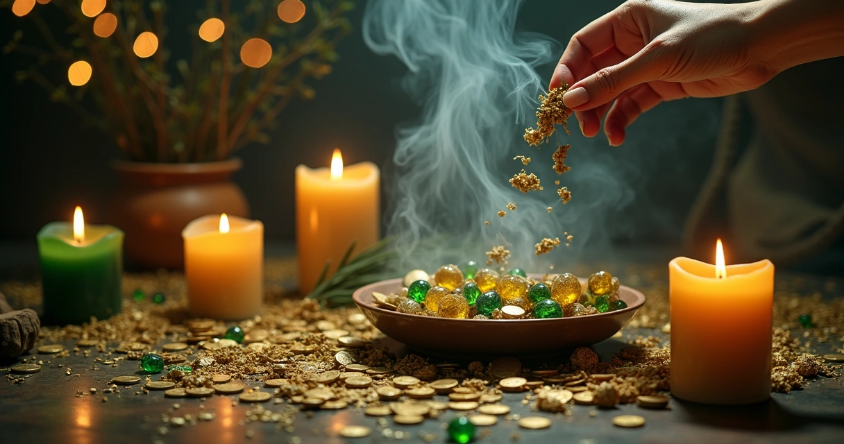 Mesa ritual com velas acesas, pedras energéticas e moedas douradas 