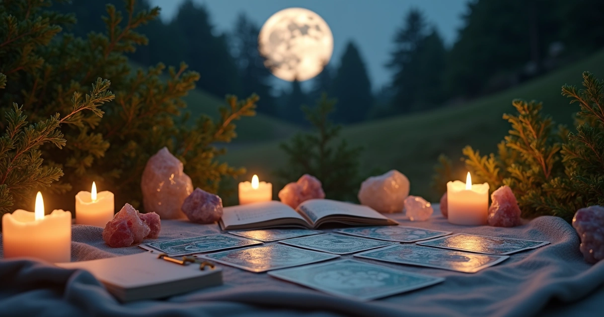 Ritual de metas à luz da lua cheia com cartas de tarot espalhadas. 