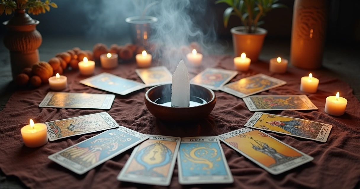 Ritual místico de limpeza energética de cartas de tarô em altar com velas 