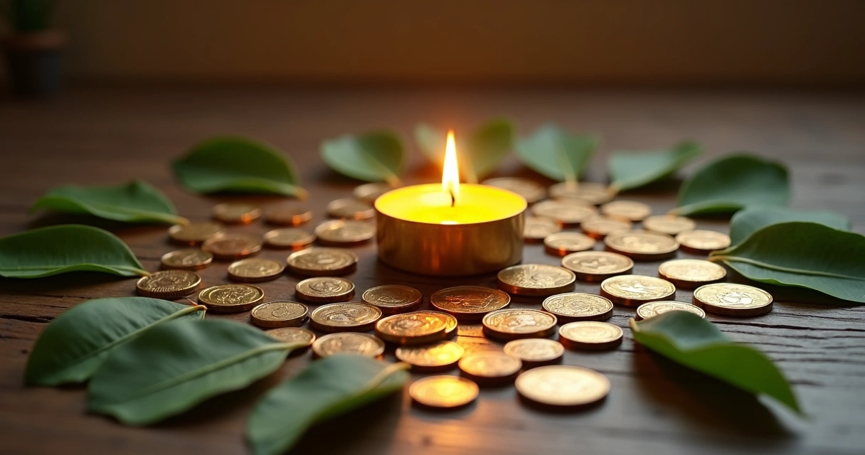 Moedas douradas dispostas em círculo com folhas de louro e vela acesa ao centro 