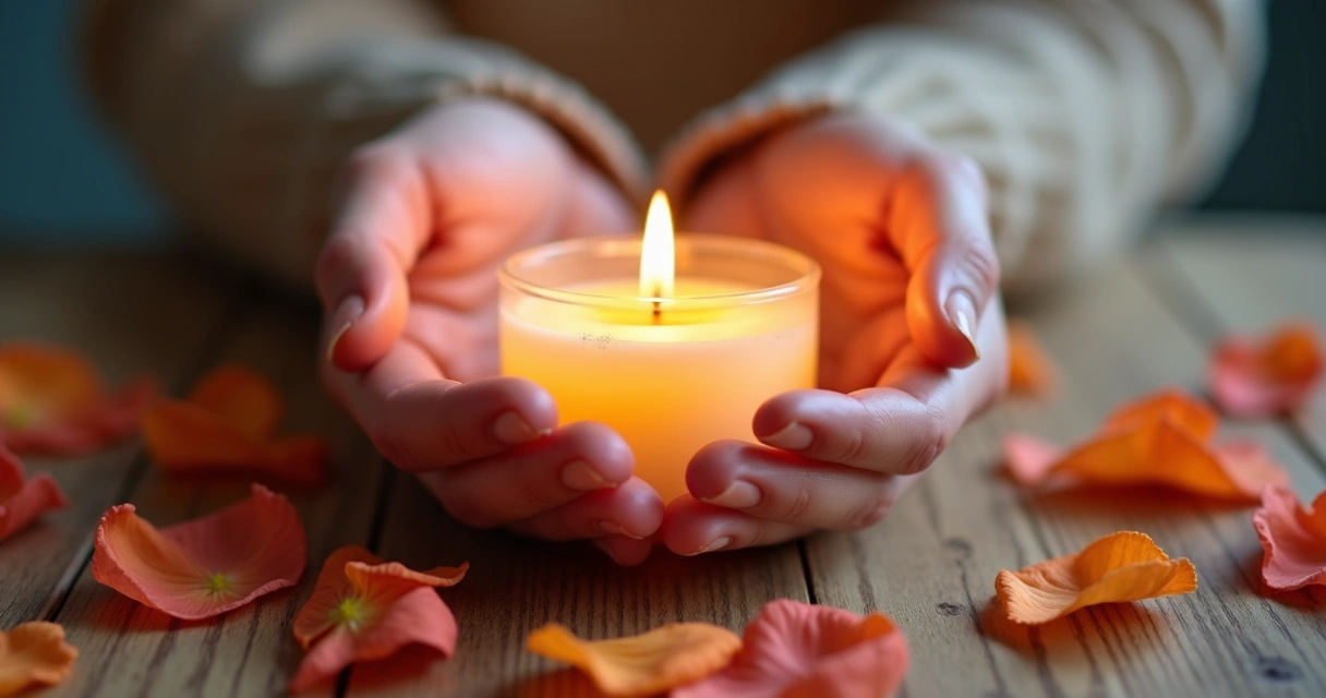 Mãos segurando vela acesa com flores ao redor, simbolizando ritual de mudança