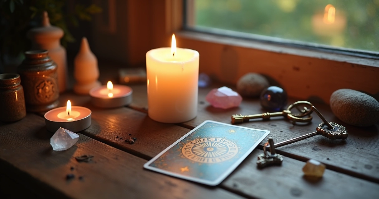 Mesa com vela acesa, cristais e carta do tarot ao lado de chave 