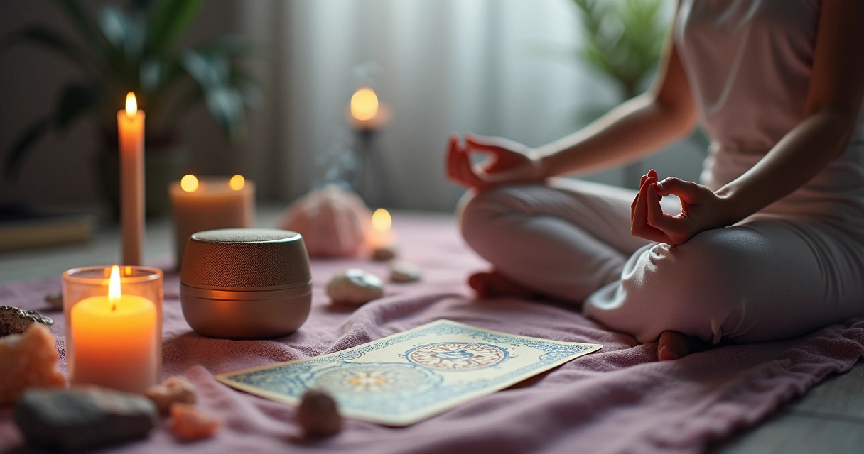 Ritual com velas, cristais e música ambiente