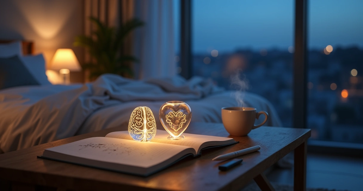 Mesa de noche con libro abierto y figura de cerebro y corazón iluminados 