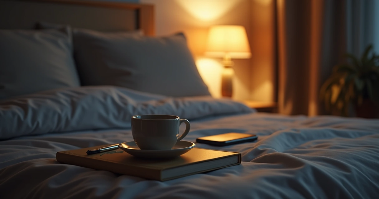 Caderno, chá e luminária ao lado da cama