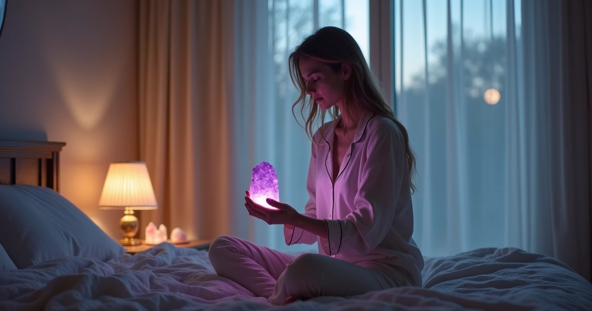 Pessoa segurando cristal com luz suave ao fundo 