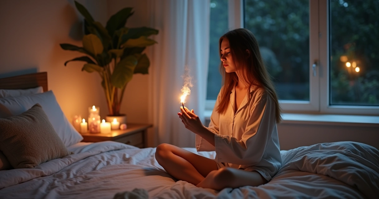 Mulher sentada na cama com incenso aceso ao lado e ambiente suave 